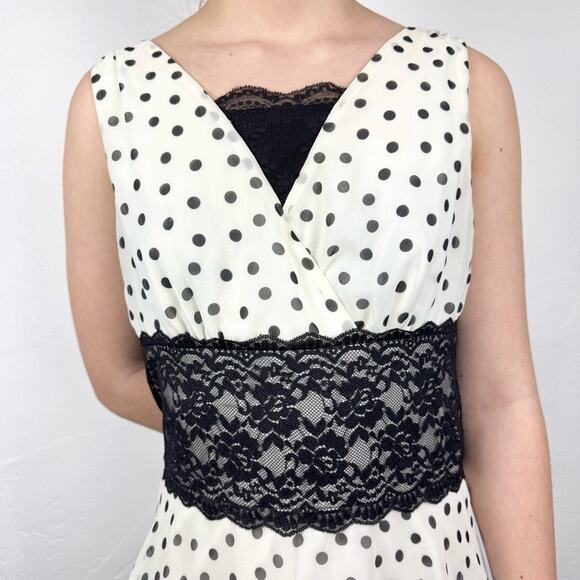 Vintage Y2K Mod Retro Polka Dot Lace Waist Babydoll Midi Dress Cream/Black Sz 8 - Picture 3 of 16
